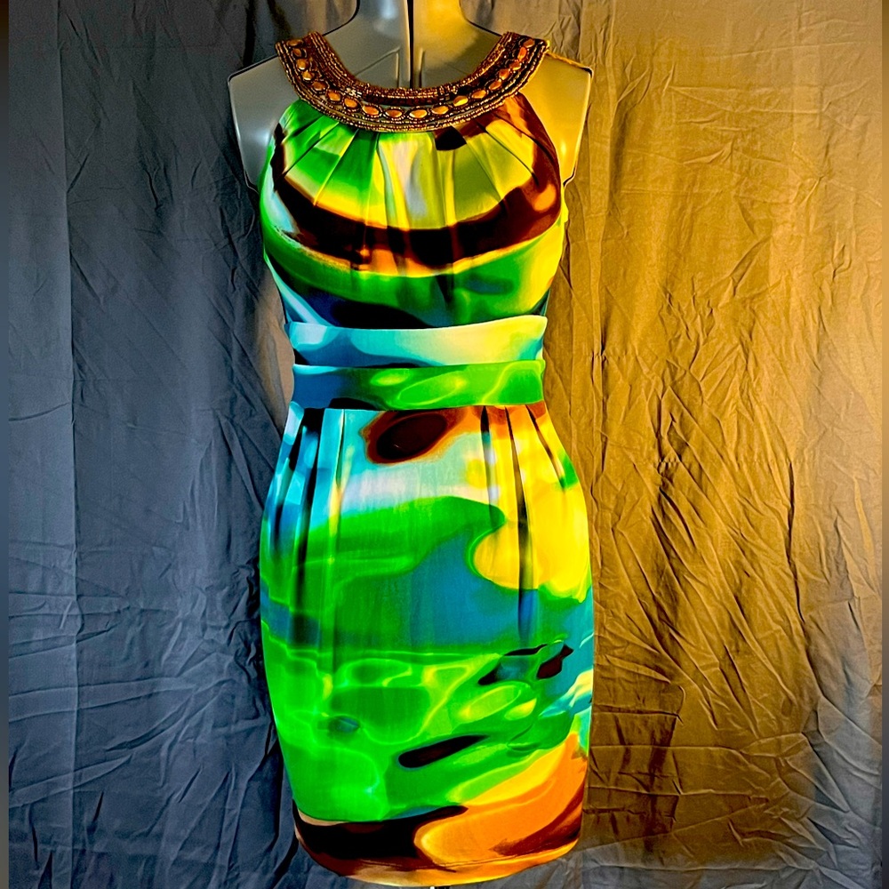 Bisou Bisou Michele Bohbot A Line Dress Multicolor Green Abstract